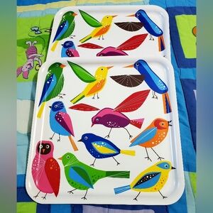 Set of 2 Ikea Vintage Barbar Bright Colorful Melamine Trays 13" Sq. Bird Print.